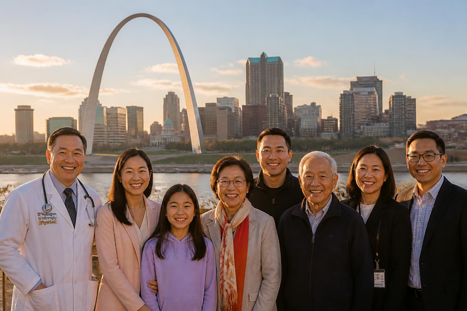 Multigenerational Asian American families at the St. Louis Gateway Arch at golden hour