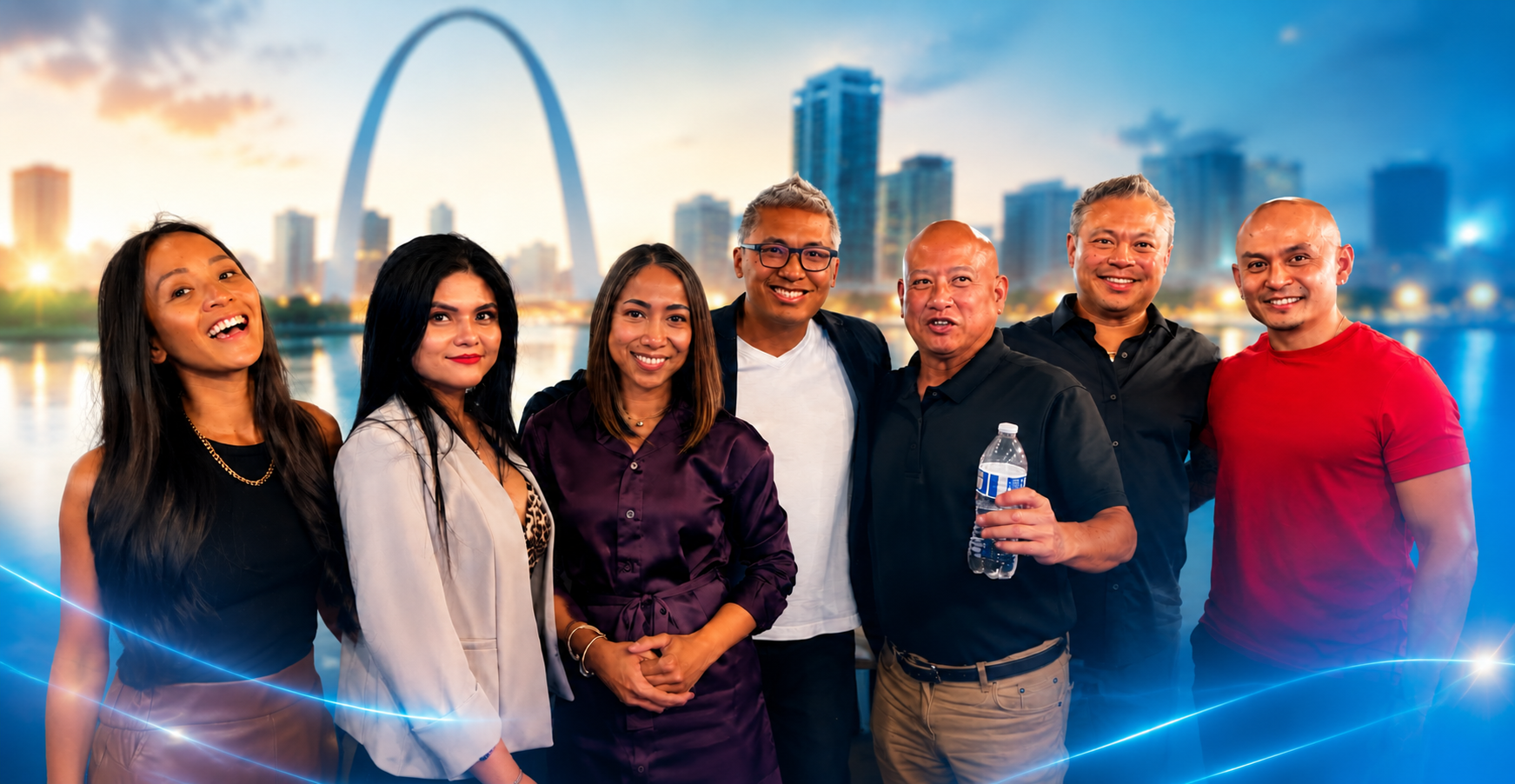 Multigenerational Asian American families at the St. Louis Gateway Arch at golden hour